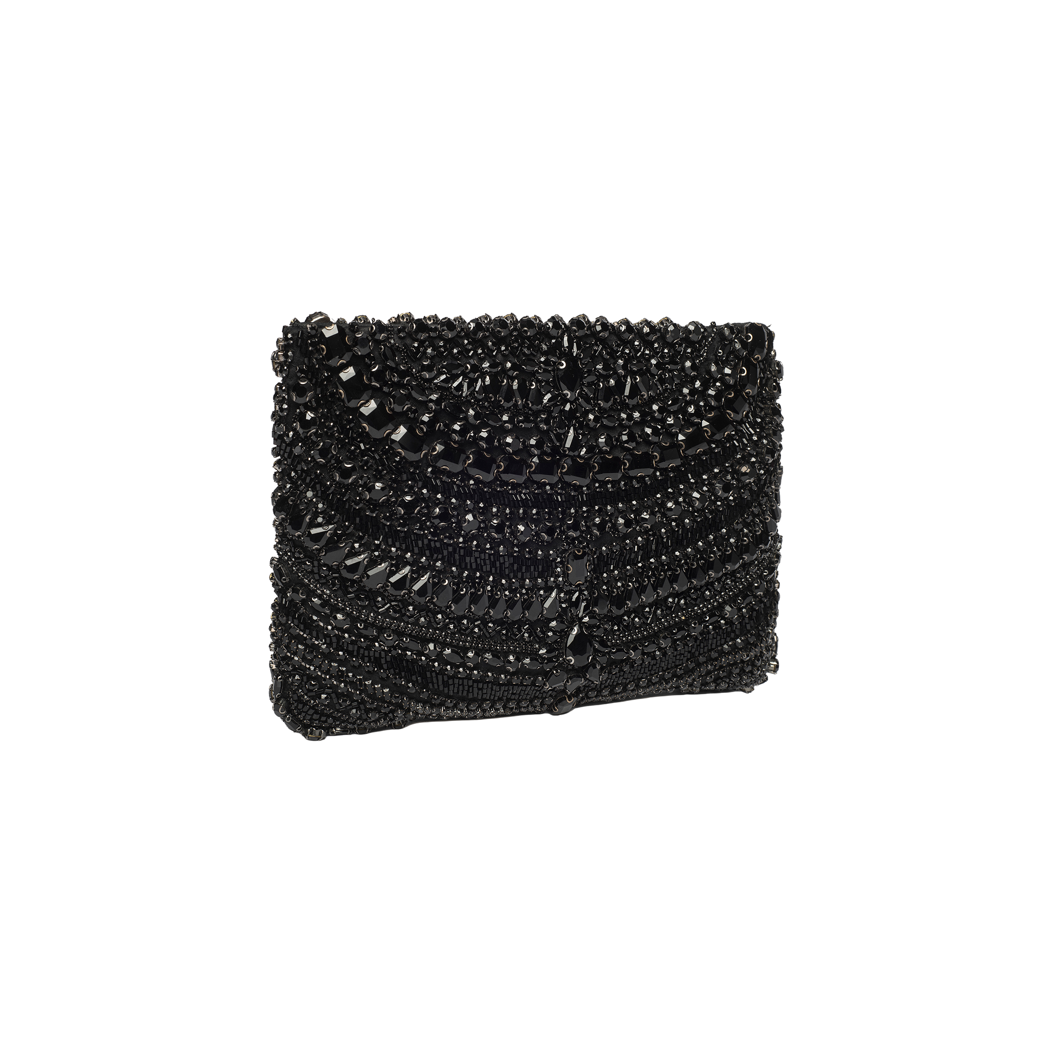 The Eclipse Crystal Clutch is a petite black beaded evening bag featuring a textured, beaded exterior and a rounded flap closure, displayed against a plain white background.