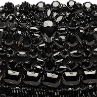 Close-up of the Eclipse Crystal Clutch, featuring an ornate, textured pattern crafted from black beads and sequins. Various shapes and sizes of shiny black gems create a luxurious design, reminiscent of artisanal craftsmanship.