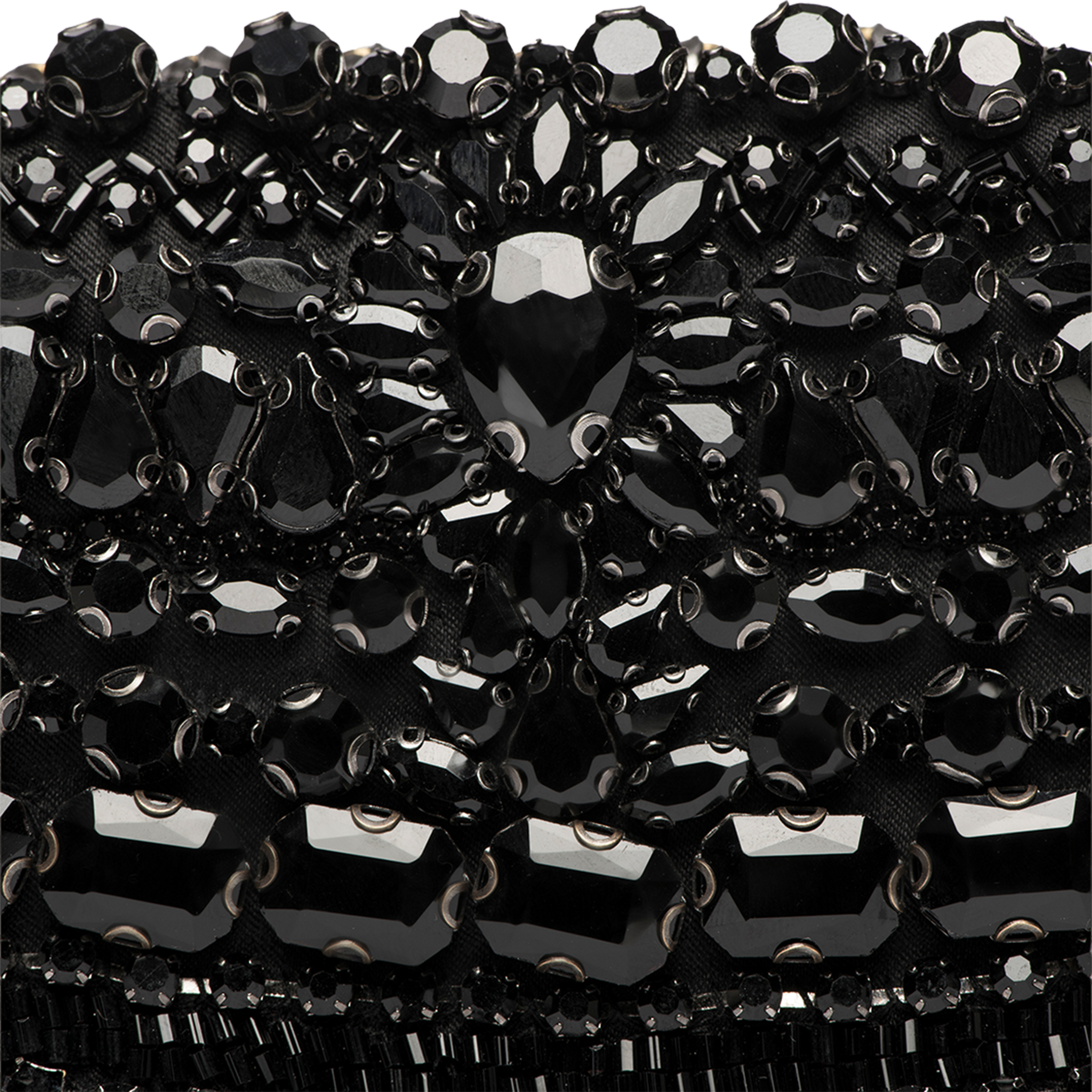 Close-up of the Eclipse Crystal Clutch, featuring an ornate, textured pattern crafted from black beads and sequins. Various shapes and sizes of shiny black gems create a luxurious design, reminiscent of artisanal craftsmanship.