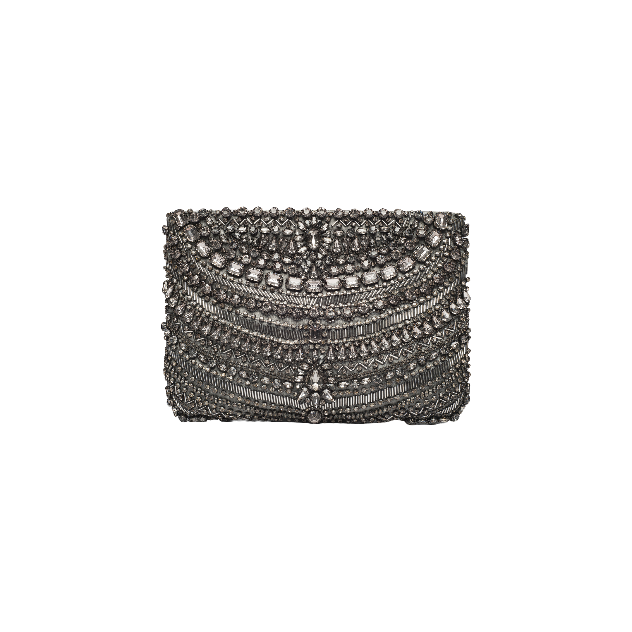 The Eclipse Crystal Clutch features intricate, symmetrical silver beading and sparkling crystal embellishments, creating an ornate, textured, and elegant design on a white background. This evening accessory is ideal for achieving a sophisticated look.