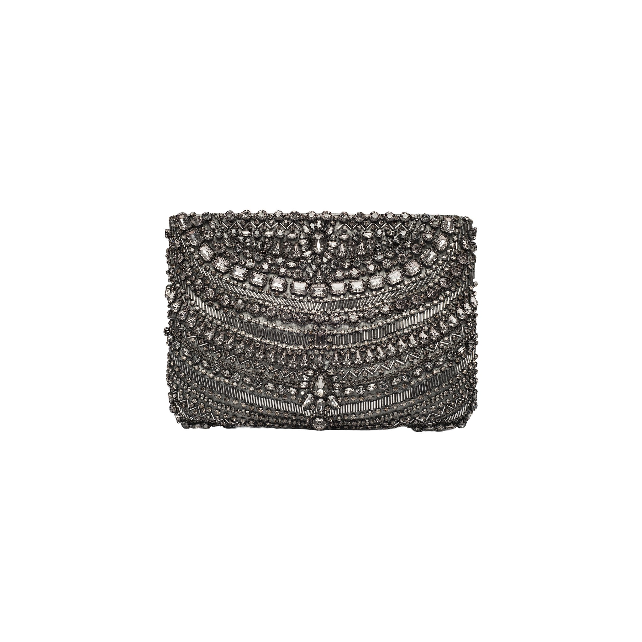 The Eclipse Crystal Clutch features intricate, symmetrical silver beading and sparkling crystal embellishments, creating an ornate, textured, and elegant design on a white background. This evening accessory is ideal for achieving a sophisticated look.