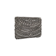 Introducing the Eclipse Crystal Clutch—a rectangular clutch featuring ornate, symmetrical patterns of intricate silver beading and sparkling crystal embellishments on a pristine white background. This elegant evening accessory is perfect for special occasions.