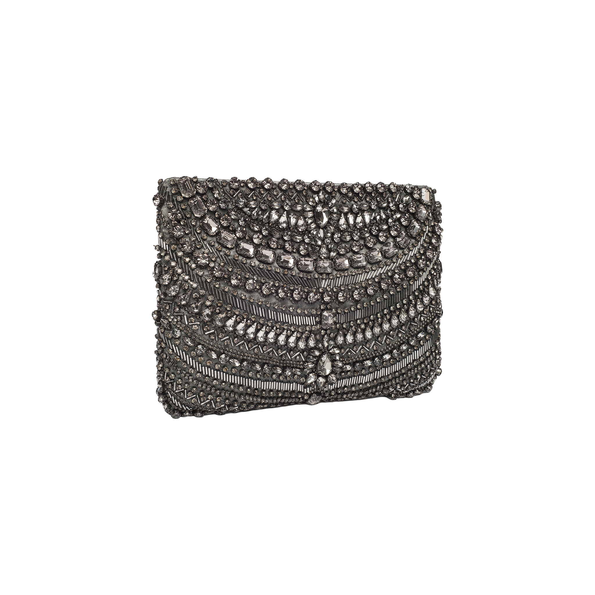 Introducing the Eclipse Crystal Clutch—a rectangular clutch featuring ornate, symmetrical patterns of intricate silver beading and sparkling crystal embellishments on a pristine white background. This elegant evening accessory is perfect for special occasions.