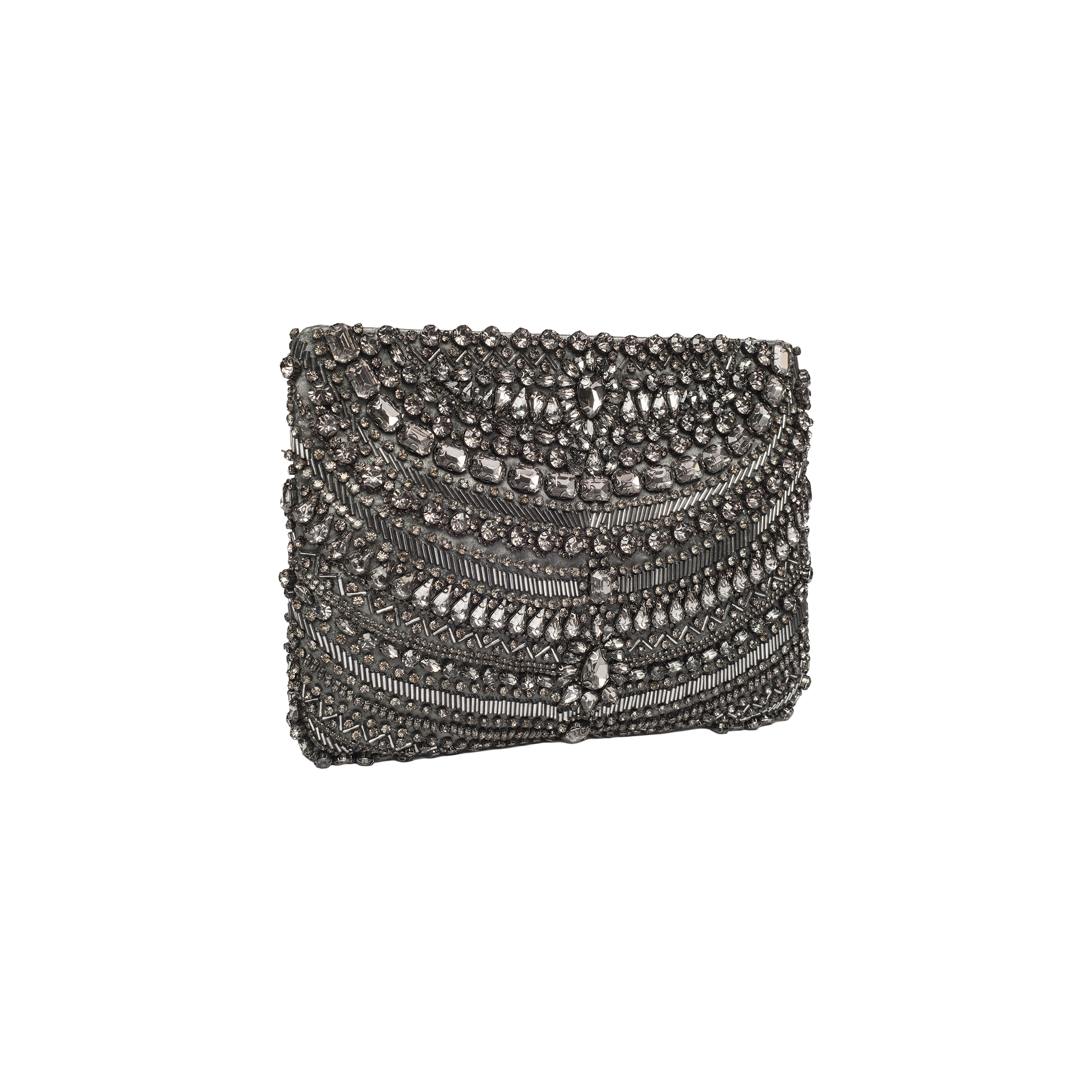Introducing the Eclipse Crystal Clutch—a rectangular clutch featuring ornate, symmetrical patterns of intricate silver beading and sparkling crystal embellishments on a pristine white background. This elegant evening accessory is perfect for special occasions.