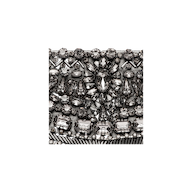 Close-up of the Eclipse Crystal Clutch, showcasing an intricate, symmetrical pattern of various shapes and sizes of silver and clear rhinestones. The sparkling crystal embellishments make this decorative surface perfect for an elegant evening accessory.