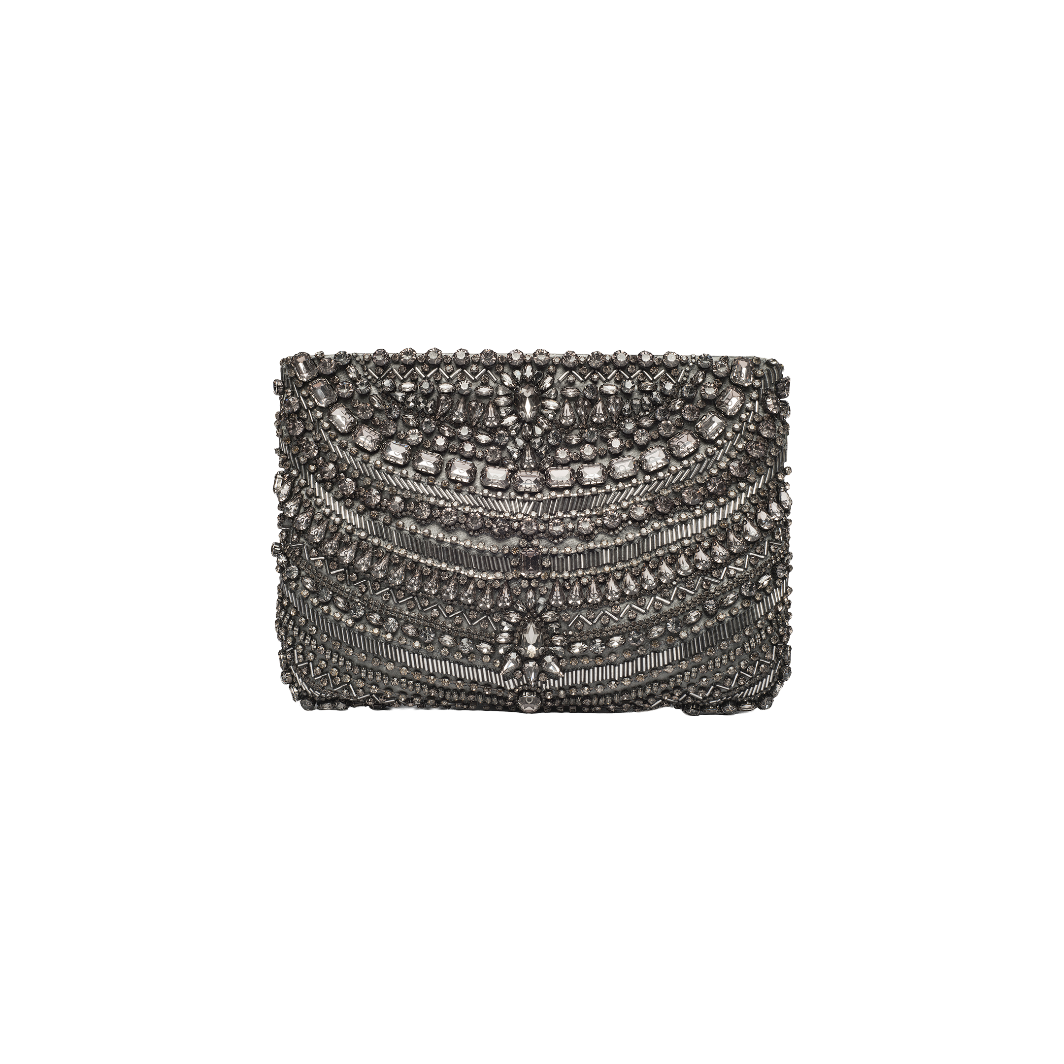 The Eclipse Crystal Clutch is a rectangular, silver evening purse adorned with an elaborate arrangement of beads, sequins, and crystal embellishments in symmetrical arching rows. The intricate detailing creates a textured and ornate design against a plain white background, making this accessory the perfect touch of refined glamour for any formal ensemble.