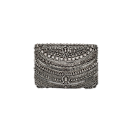 The Eclipse Crystal Clutch is a rectangular, silver evening purse adorned with an elaborate arrangement of beads, sequins, and crystal embellishments in symmetrical arching rows. The intricate detailing creates a textured and ornate design against a plain white background, making this accessory the perfect touch of refined glamour for any formal ensemble.