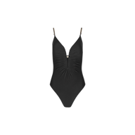 The Lilou One-Piece Swimsuit is a black swimsuit featuring a deep V-neckline, ruched front detail, and thin straps accented with delicate decorative beads and understated gold chain hardware, shown against a plain white background.