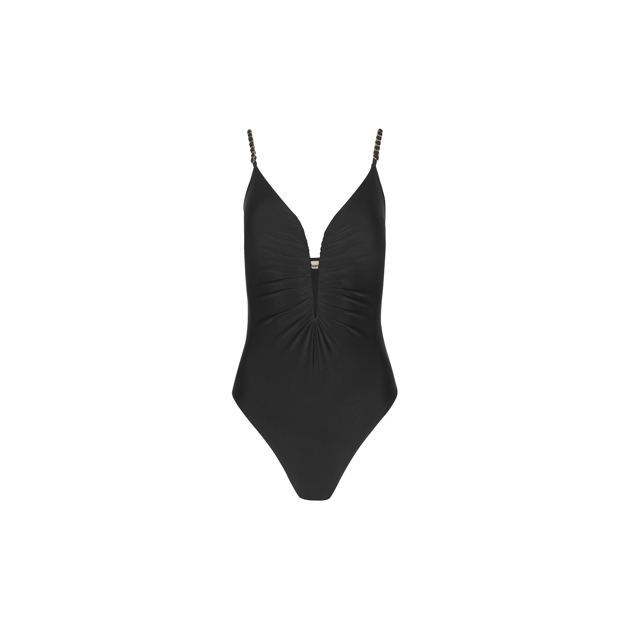The Lilou One-Piece Swimsuit is a black swimsuit featuring a deep V-neckline, ruched front detail, and thin straps accented with delicate decorative beads and understated gold chain hardware, shown against a plain white background.