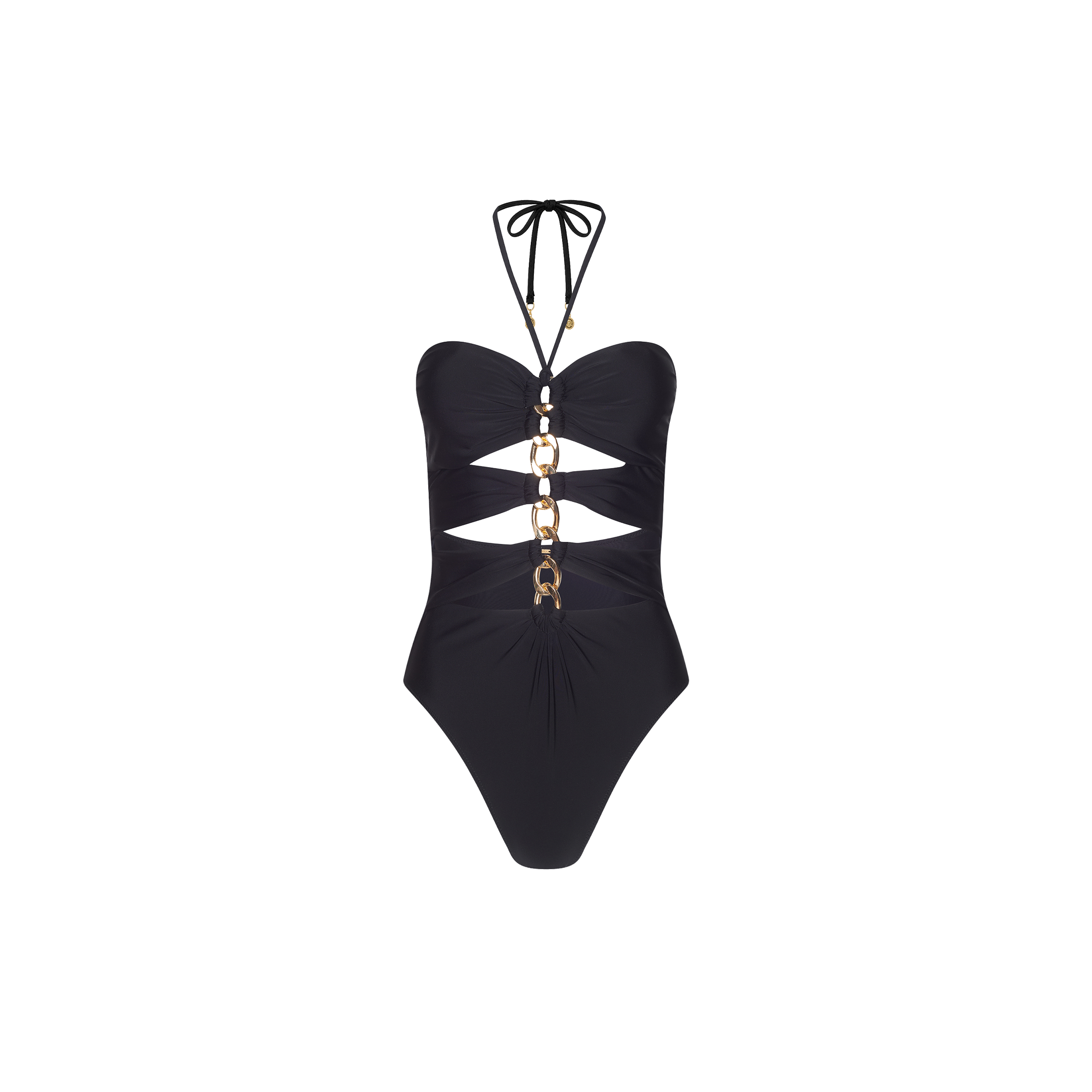 The Opus Halter One-Piece Swimsuit features a black design with a halter neckline and gold ring accents down the front, creating chic cutouts between each ring. This stylish resort swimsuit is displayed against a plain white background.
