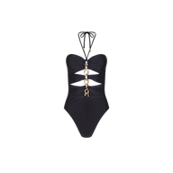 The Opus Halter One-Piece Swimsuit features a black design with a halter neckline and gold ring accents down the front, creating chic cutouts between each ring. This stylish resort swimsuit is displayed against a plain white background.