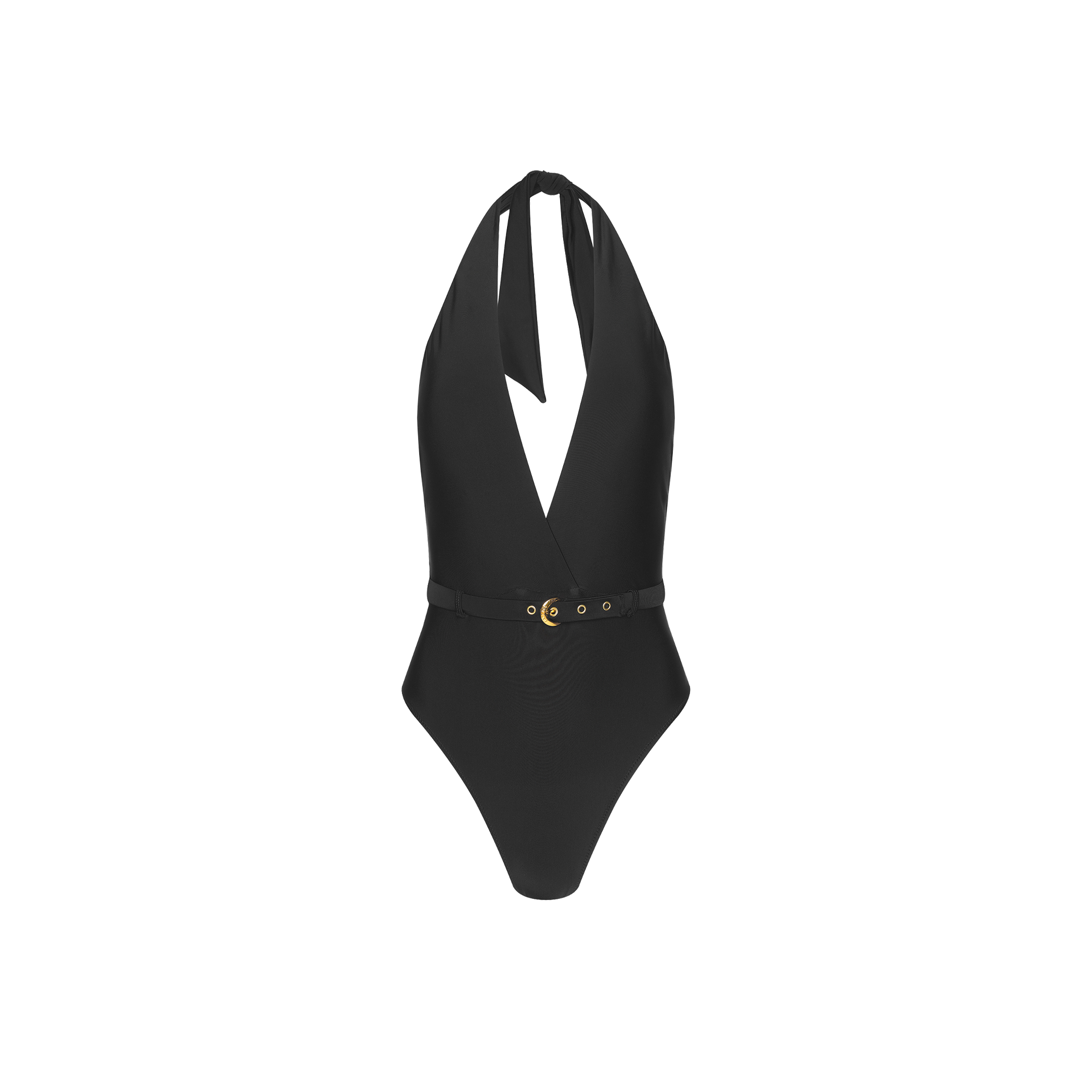 The Sidney Plunge One-Piece Swimsuit in matte black features a deep V-neckline, convertible tie straps at the neck, and a waist belt with a gold buckle, shown against a white background.