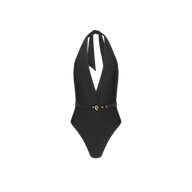 The Sidney Plunge One-Piece Swimsuit in matte black features a deep V-neckline, convertible tie straps at the neck, and a waist belt with a gold buckle, shown against a white background.