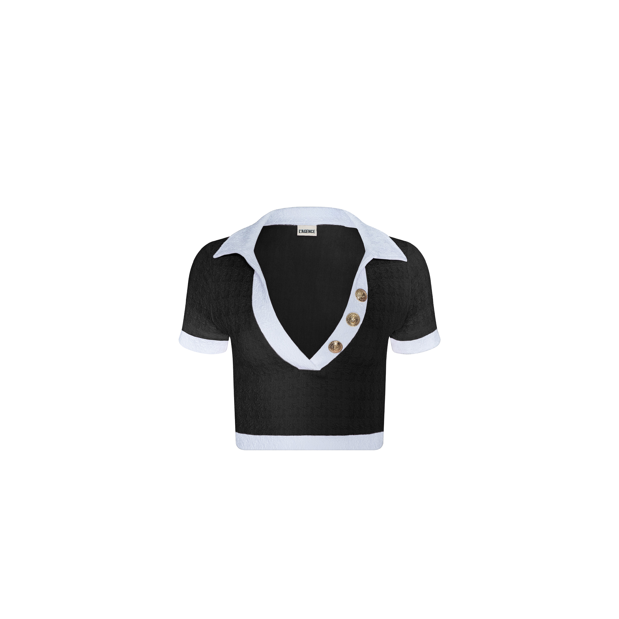 Introducing the Laguna Rash Guard—a black cropped polo top featuring a crisp white collar, matching white sleeve trim, a deep V-neckline, and three oversized buttons along the front right side. Made from water-safe bouclé fabric, this shirt is showcased against a plain white background.