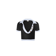 Introducing the Laguna Rash Guard—a black cropped polo top featuring a crisp white collar, matching white sleeve trim, a deep V-neckline, and three oversized buttons along the front right side. Made from water-safe bouclé fabric, this shirt is showcased against a plain white background.