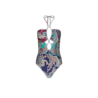 Shiva One-Piece Swimsuit in a UPF 50 halter style with front cut-out details and a multicolored paisley print.
