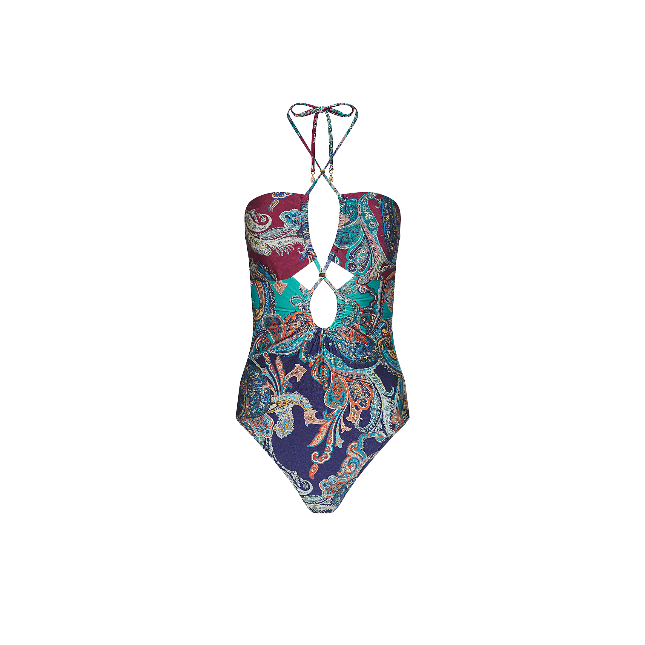 Shiva One-Piece Swimsuit in a UPF 50 halter style with front cut-out details and a multicolored paisley print.