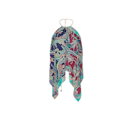 Kochi Cover-Up Top in a halter-style featuring a blue, red, and green paisley print with a thin gold chain neck strap.