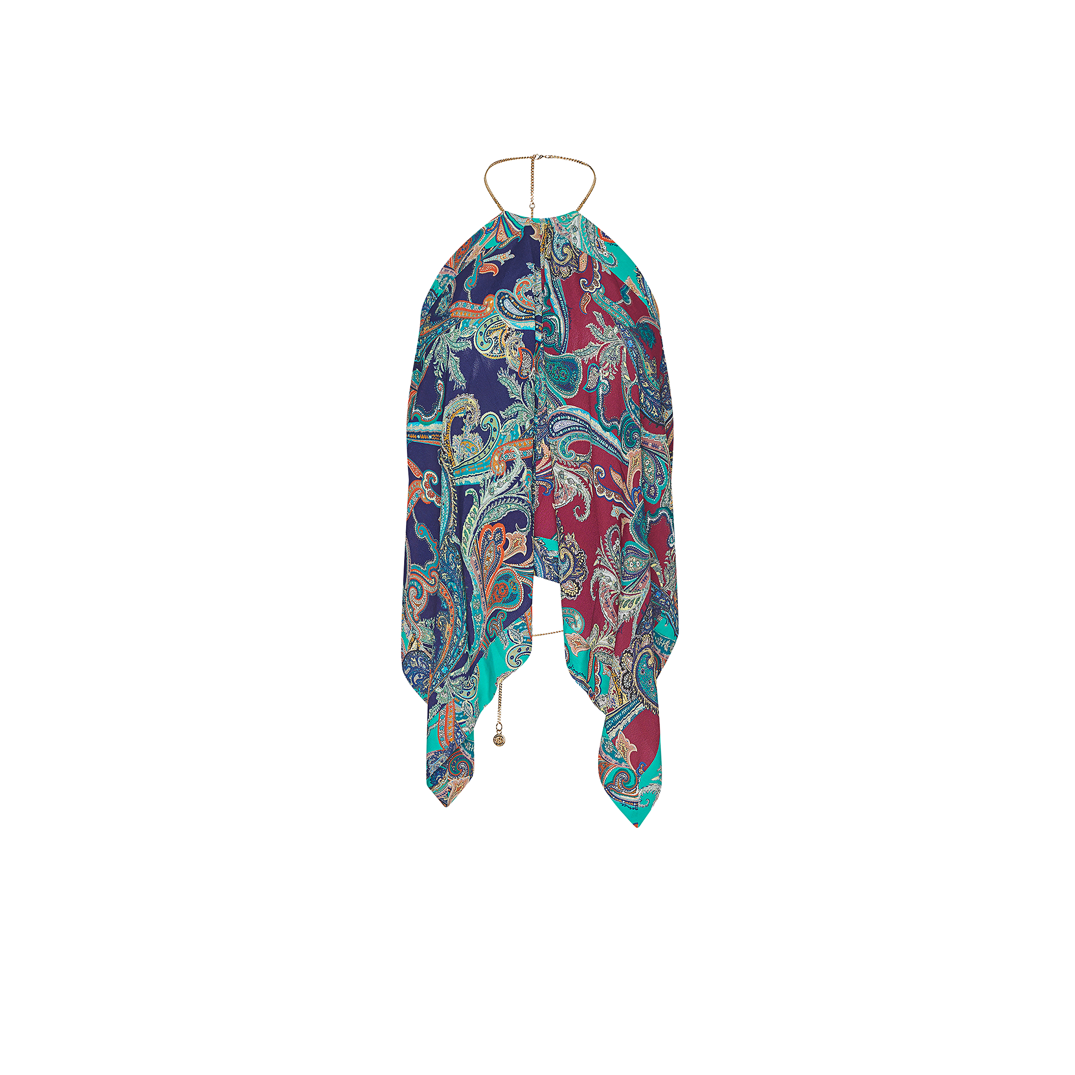 Kochi Cover-Up Top in a halter-style featuring a blue, red, and green paisley print with a thin gold chain neck strap.