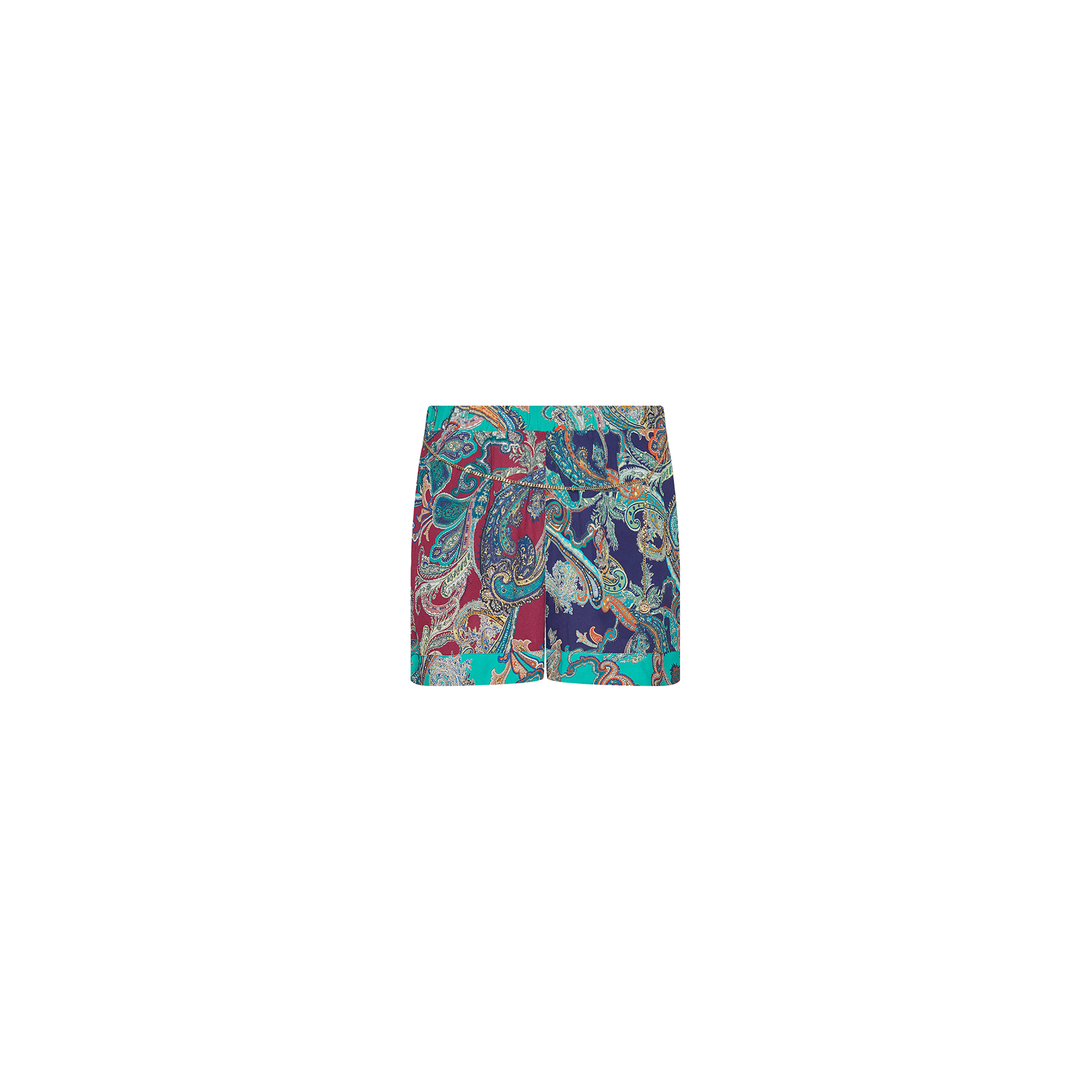 Enyo Cover-Up Short in a boho style pull-on design, featuring a vibrant blue, teal, and burgundy paisley print with a gold chain belt.