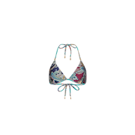 Annabelle Bikini Top featuring a triangle silhouette in a multi-colored paisley print with teal halter and back ties.