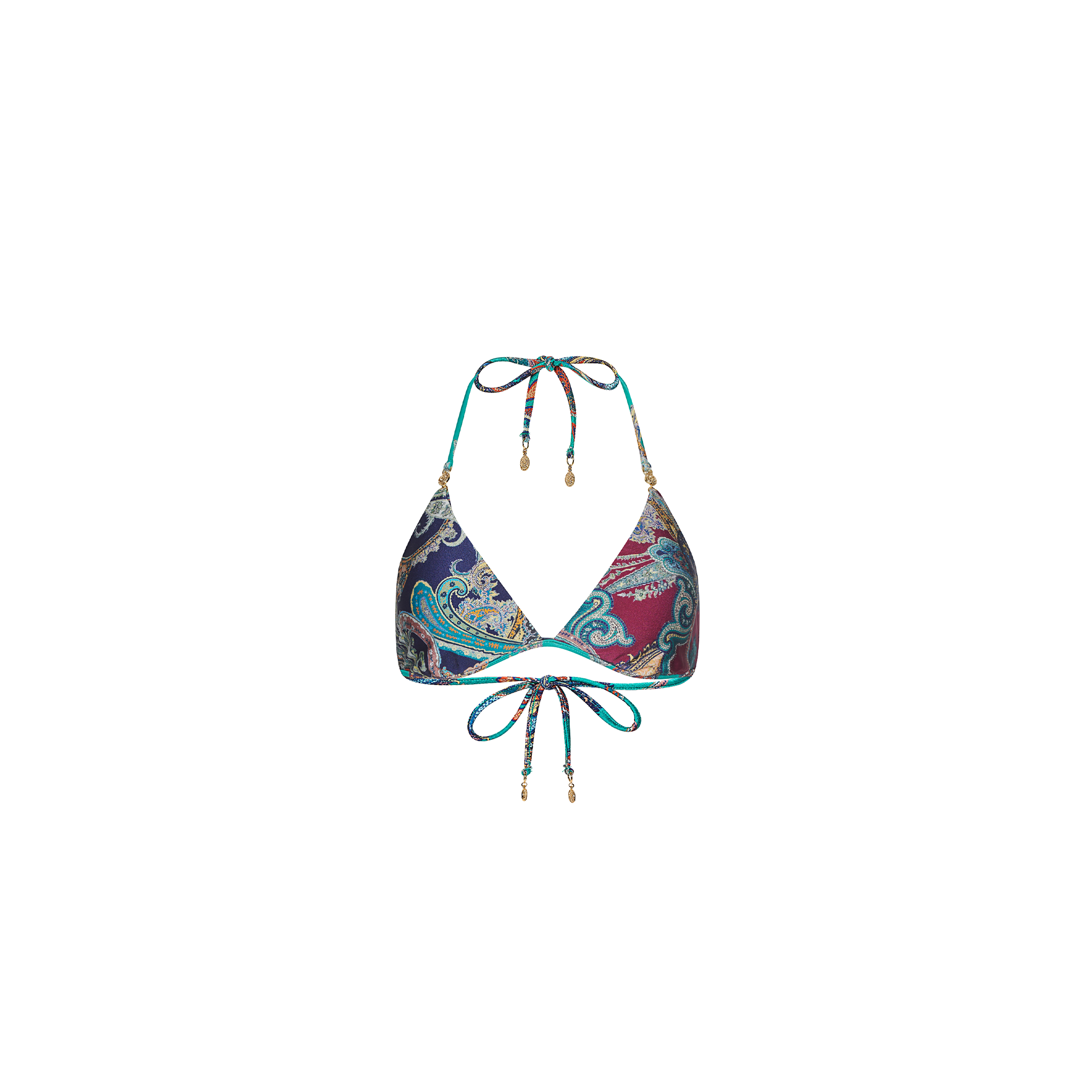 Annabelle Bikini Top featuring a triangle silhouette in a multi-colored paisley print with teal halter and back ties.