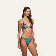 A person wearing a teal Britt Tie-Side Bikini Bottom and matching triangle top in a multicolor paisley print with UPF 50 protection.