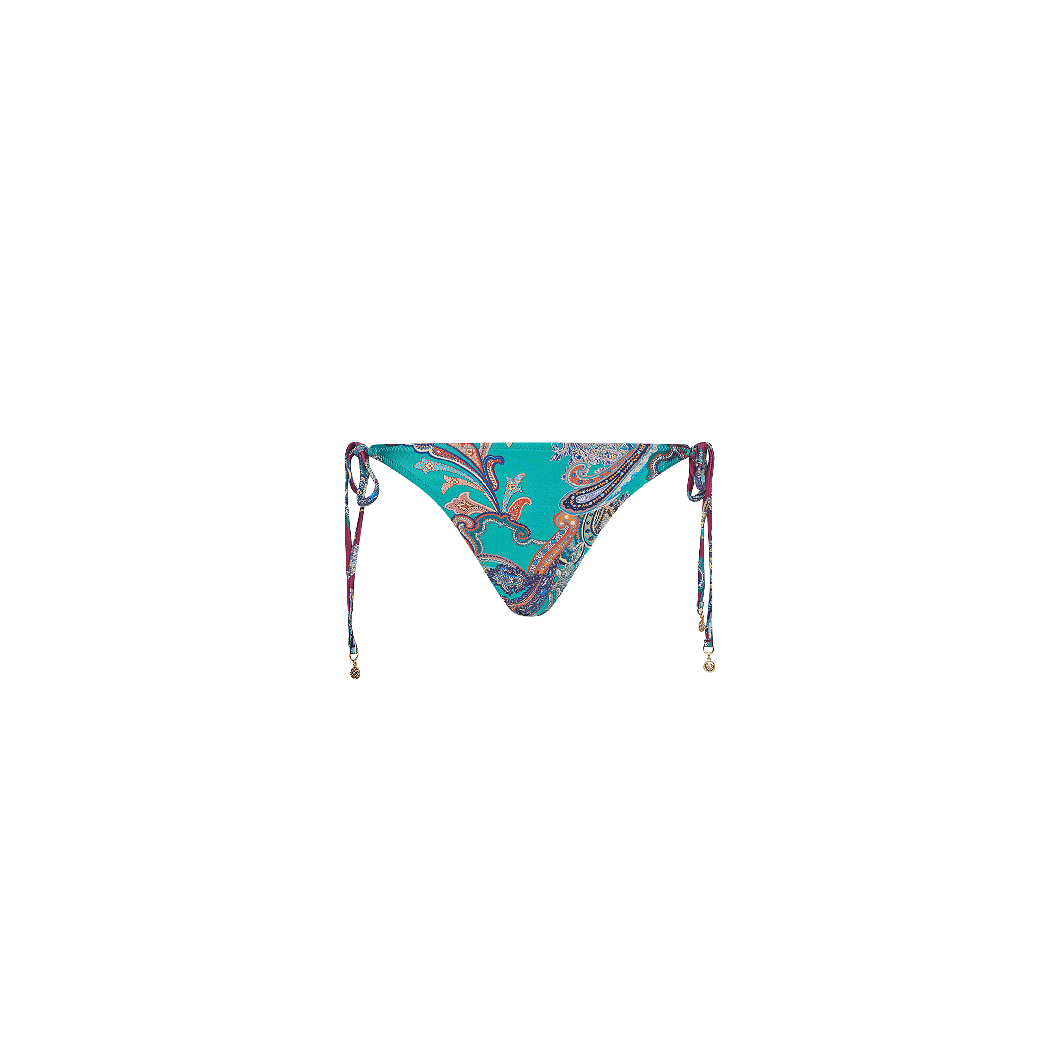 Britt Tie-Side Bikini Bottom in teal with a multicolored paisley print and adjustable tie sides.