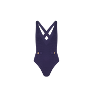Lisa Plunge One-Piece Swimsuit in deep purple cable knit with a deep V-neckline, crisscross back straps, and two gold-tone buttons at the hips.