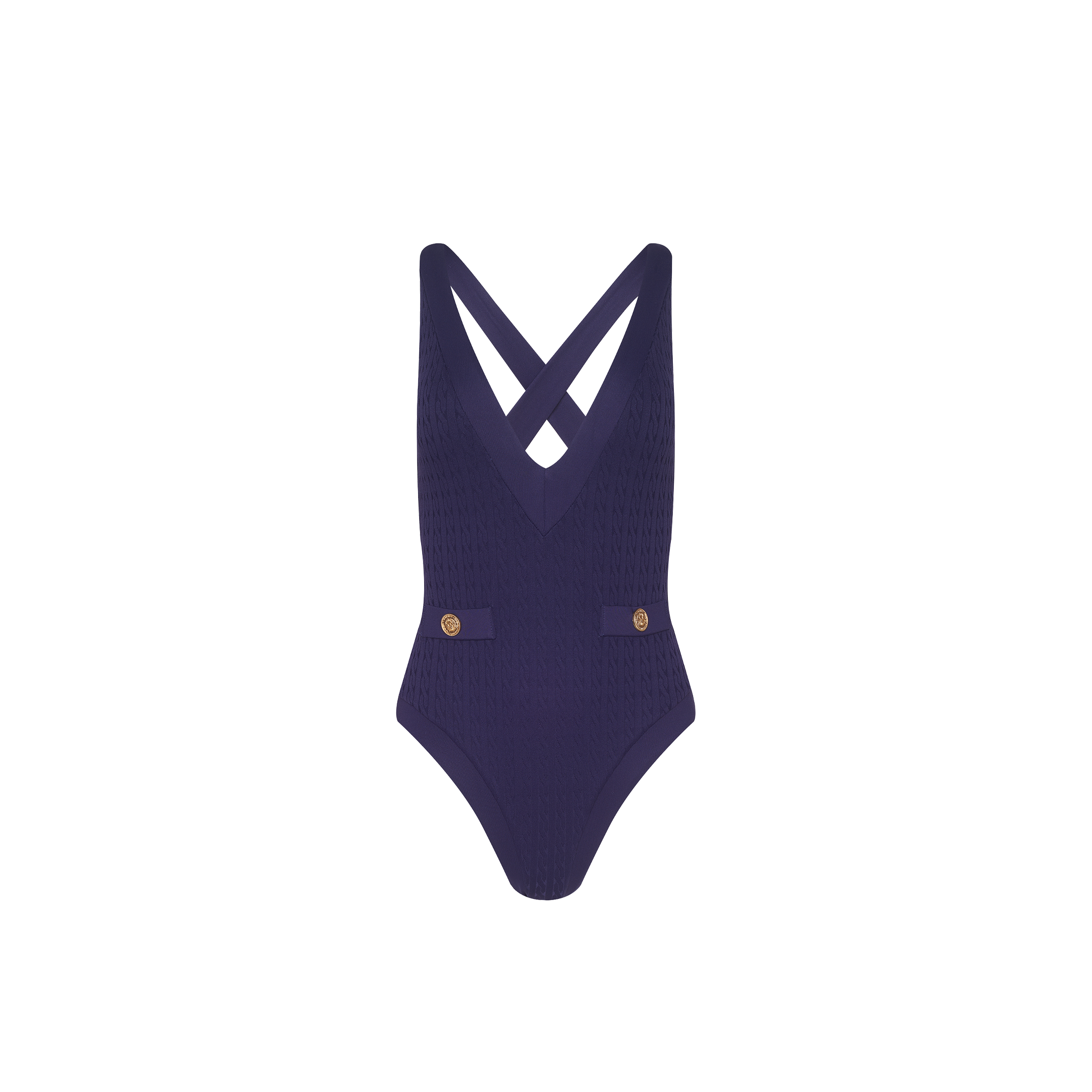 Lisa Plunge One-Piece Swimsuit in deep purple cable knit with a deep V-neckline, crisscross back straps, and two gold-tone buttons at the hips.