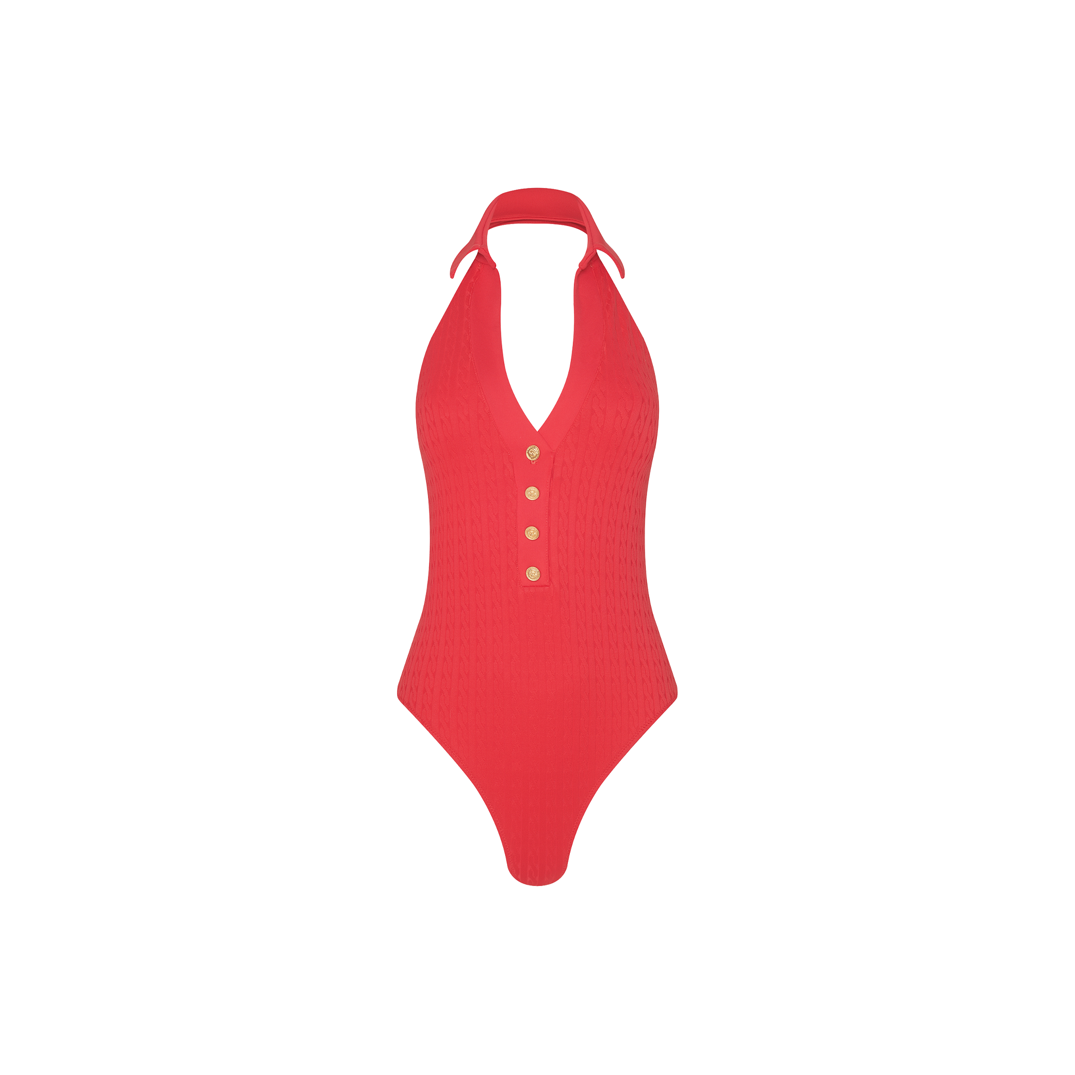The Natalya Collared One-Piece Swimsuit, crafted from textured swim fabric in red, features a halter neckline, a deep V-cut front, and four gold buttons down the front. It is displayed on a plain white background.