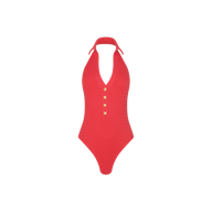 The Natalya Collared One-Piece Swimsuit, crafted from textured swim fabric in red, features a halter neckline, a deep V-cut front, and four gold buttons down the front. It is displayed on a plain white background.
