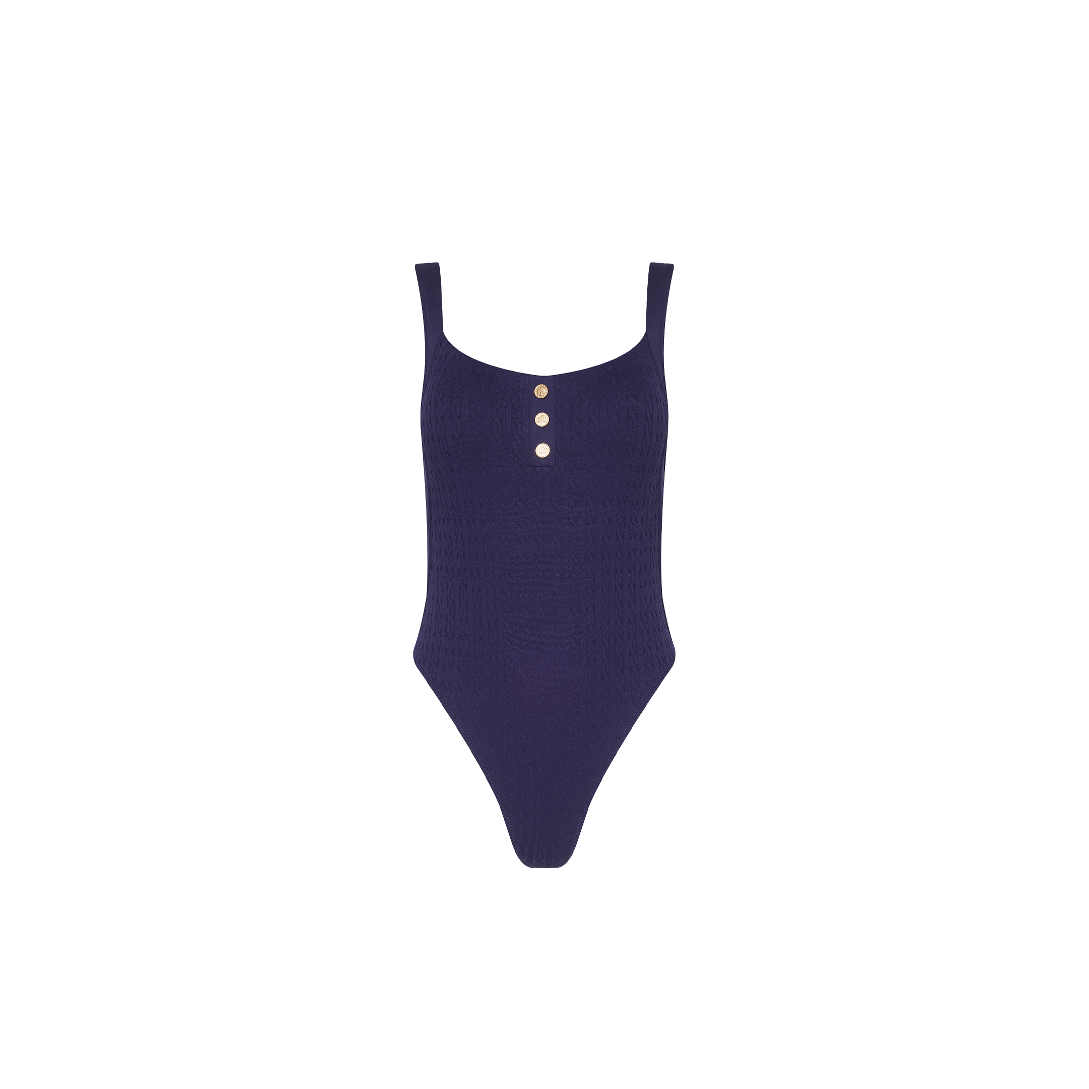 Daytona One-Piece Swimsuit in dark purple, featuring a textured fabric, high-leg cut, square neckline, and three gold-toned buttons on the bodice.