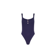 Daytona One-Piece Swimsuit in dark purple, featuring a textured fabric, high-leg cut, square neckline, and three gold-toned buttons on the bodice.