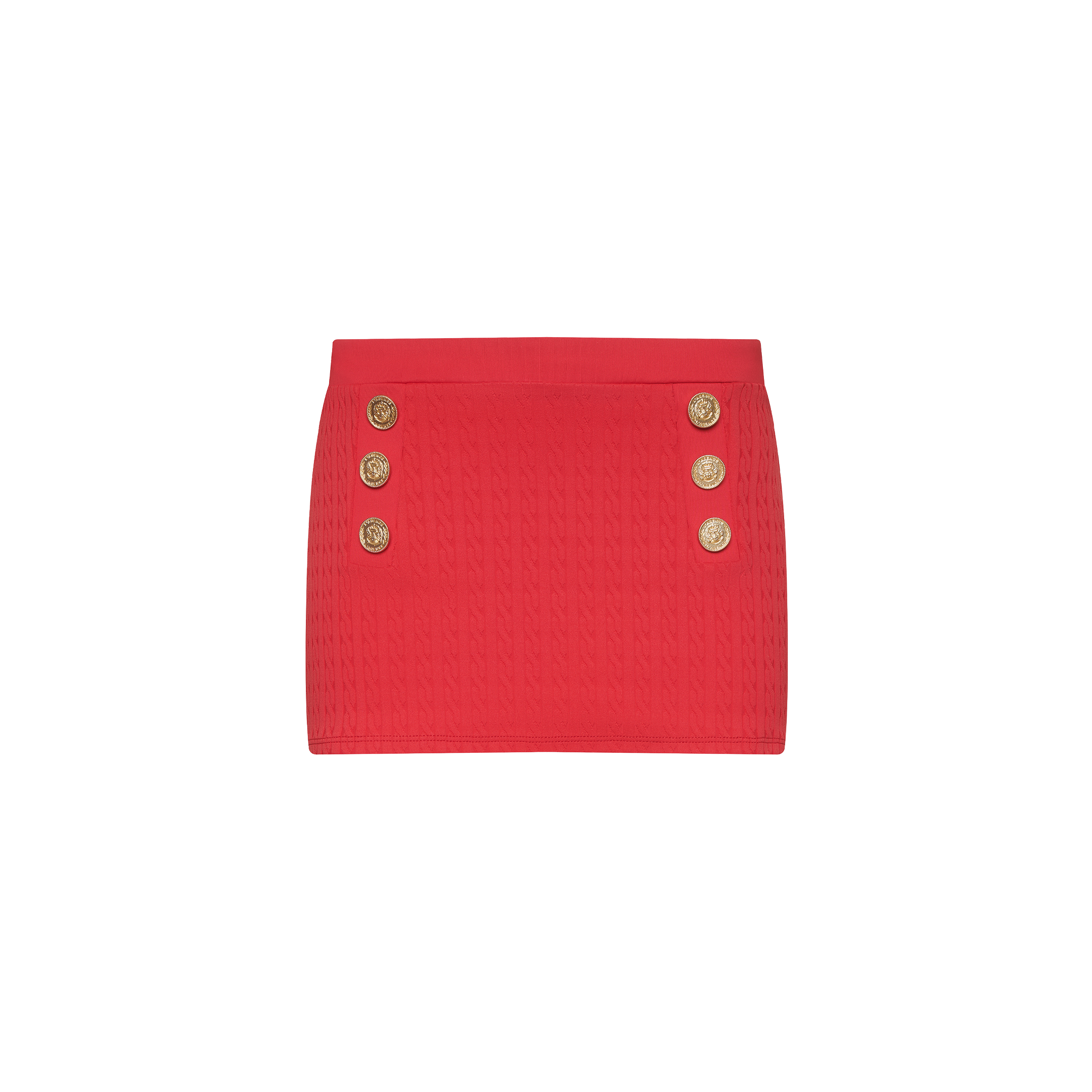 The Coco Mini Skirt Cover-Up is a red swim skirt featuring a textured pattern and two rows of three gold buttons each on the front, displayed against a plain white background.