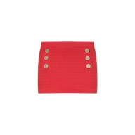 The Coco Mini Skirt Cover-Up is a red swim skirt featuring a textured pattern and two rows of three gold buttons each on the front, displayed against a plain white background.