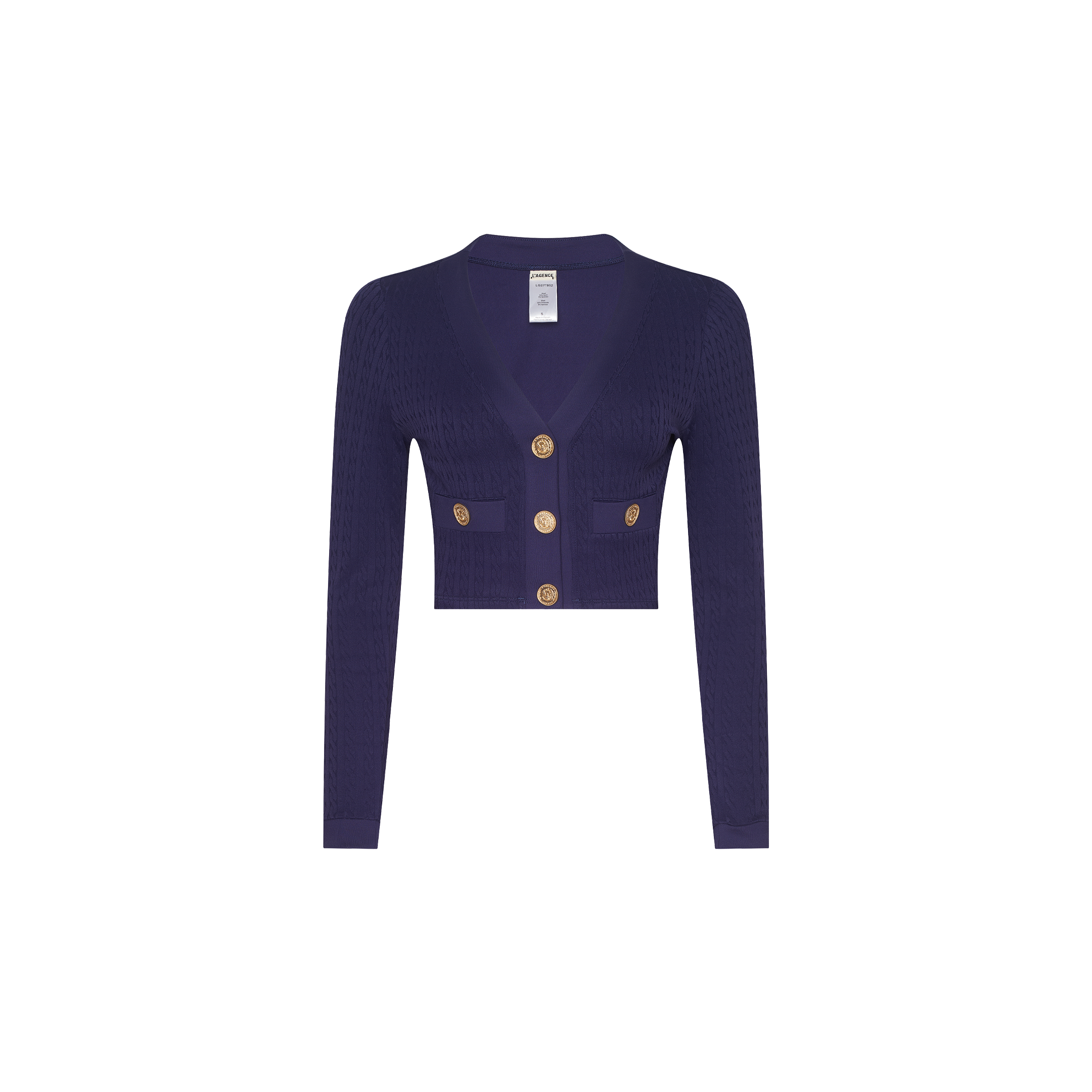 Adaline Cardigan Cover-Up in navy blue, featuring a cropped V-neck design, gold buttons, two front pockets, and UPF 50 swim fabric.