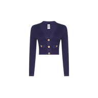 Adaline Cardigan Cover-Up in navy blue, featuring a cropped V-neck design, gold buttons, two front pockets, and UPF 50 swim fabric.