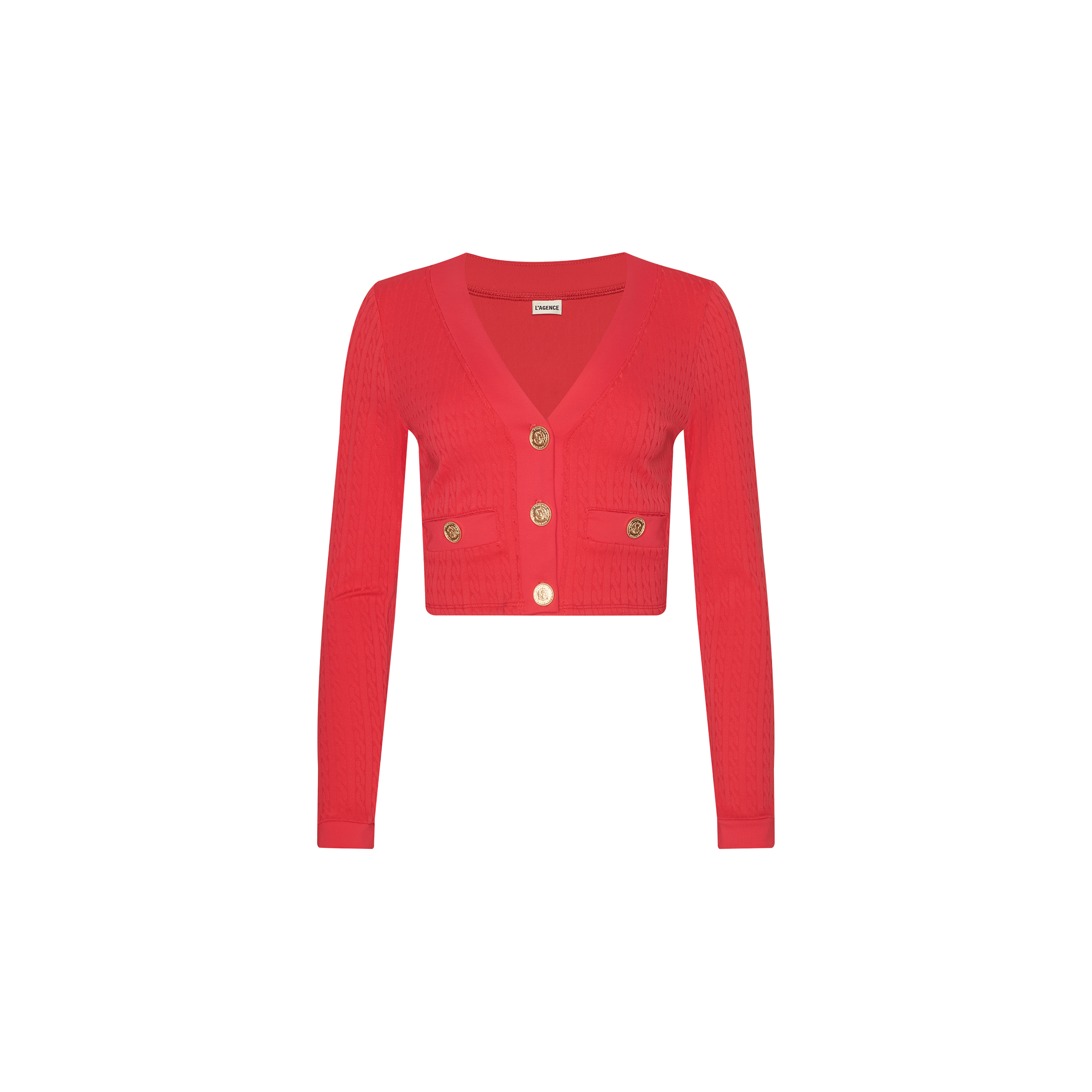 The Adaline Cardigan Cover-Up is a bright red, long-sleeve, cropped water-safe cardigan featuring a V-neckline, four gold buttons down the front, and two small front pockets, displayed on a plain white background.