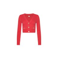The Adaline Cardigan Cover-Up is a bright red, long-sleeve, cropped water-safe cardigan featuring a V-neckline, four gold buttons down the front, and two small front pockets, displayed on a plain white background.