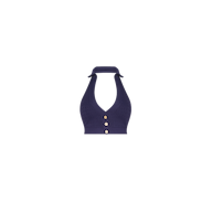 Navy blue Catalina Bikini Top in a cable knit halter style with a ribbed texture and three gold buttons down the center.