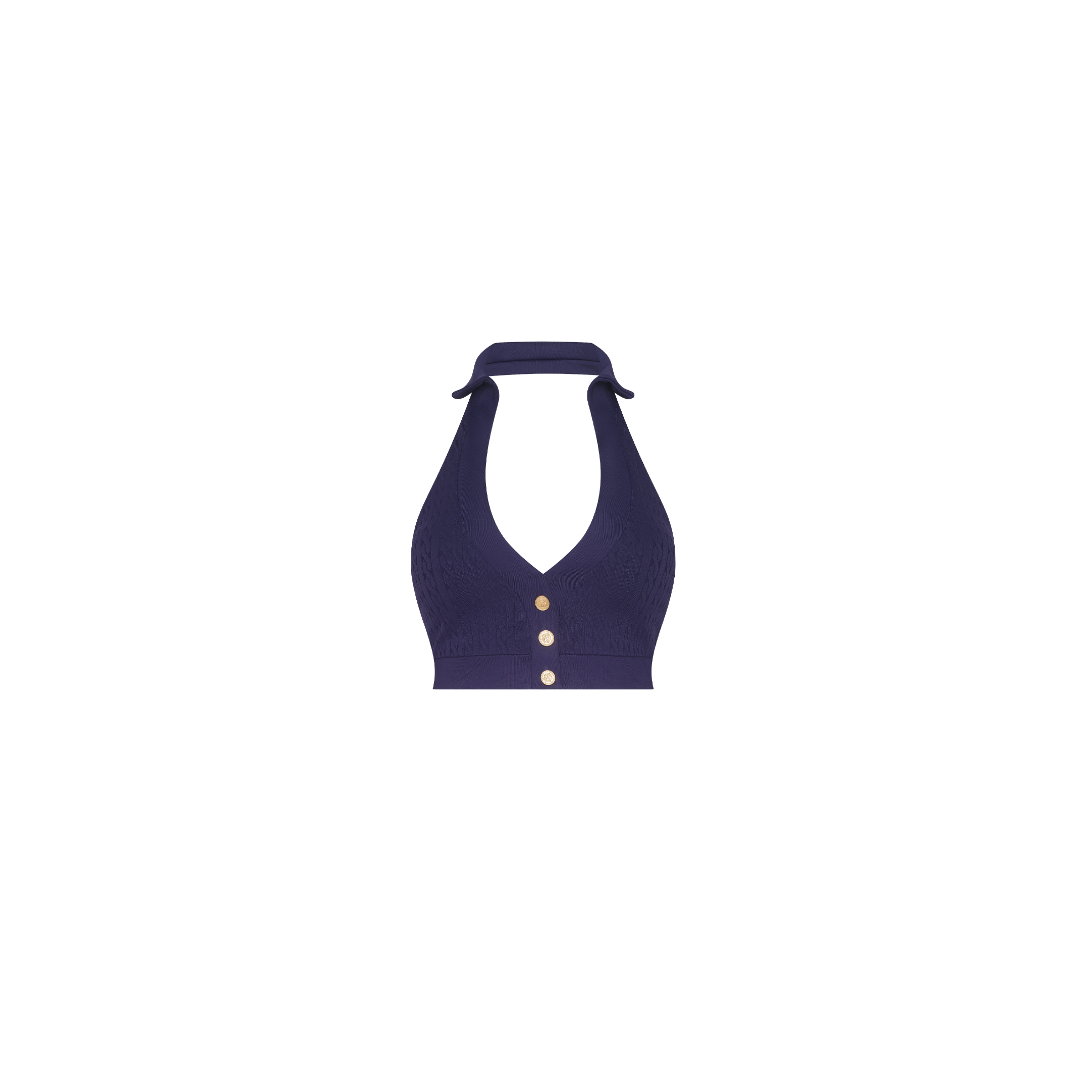 Navy blue Catalina Bikini Top in a cable knit halter style with a ribbed texture and three gold buttons down the center.