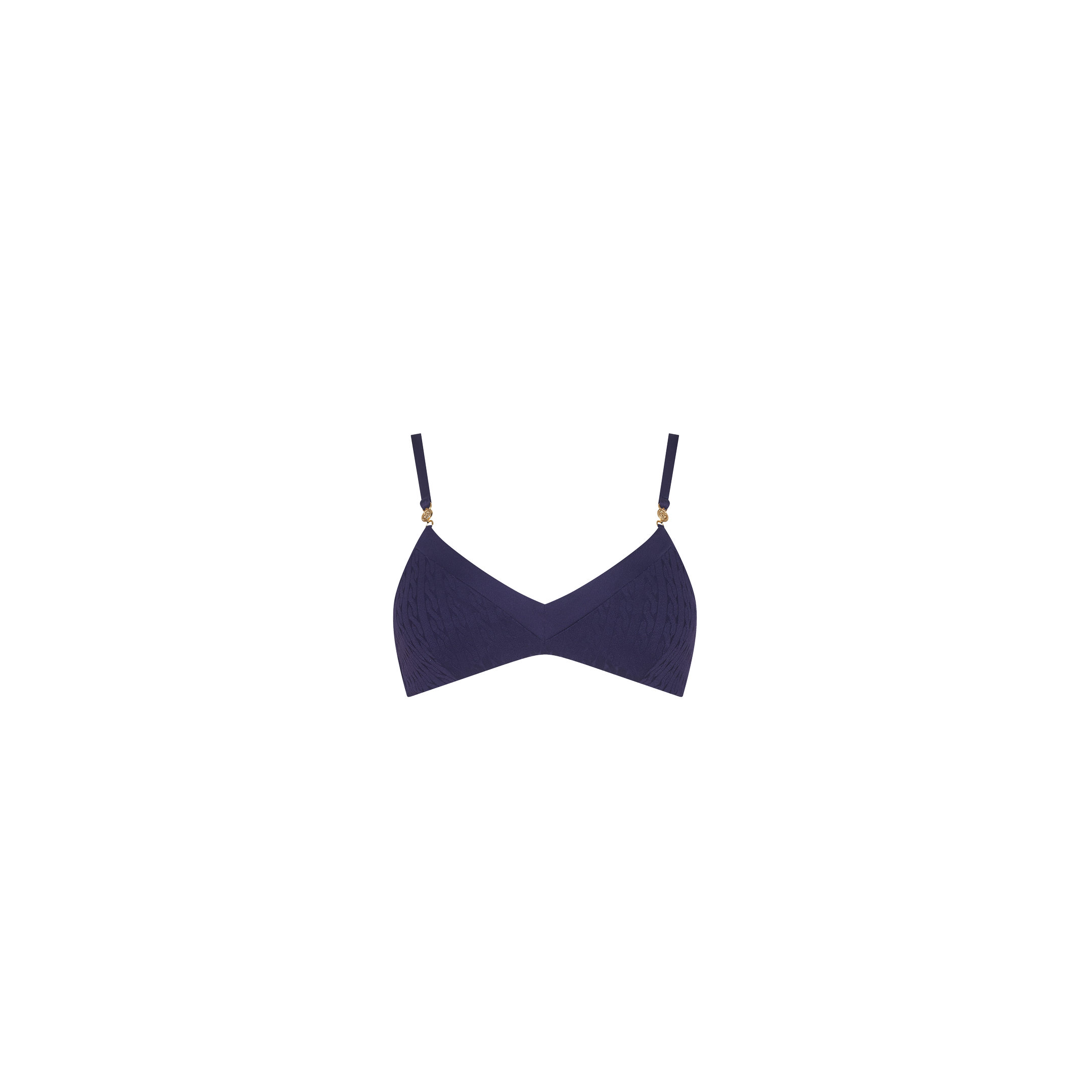 Deep purple textured Playa Bikini Top featuring thin straps and gold-toned hardware at the shoulders.