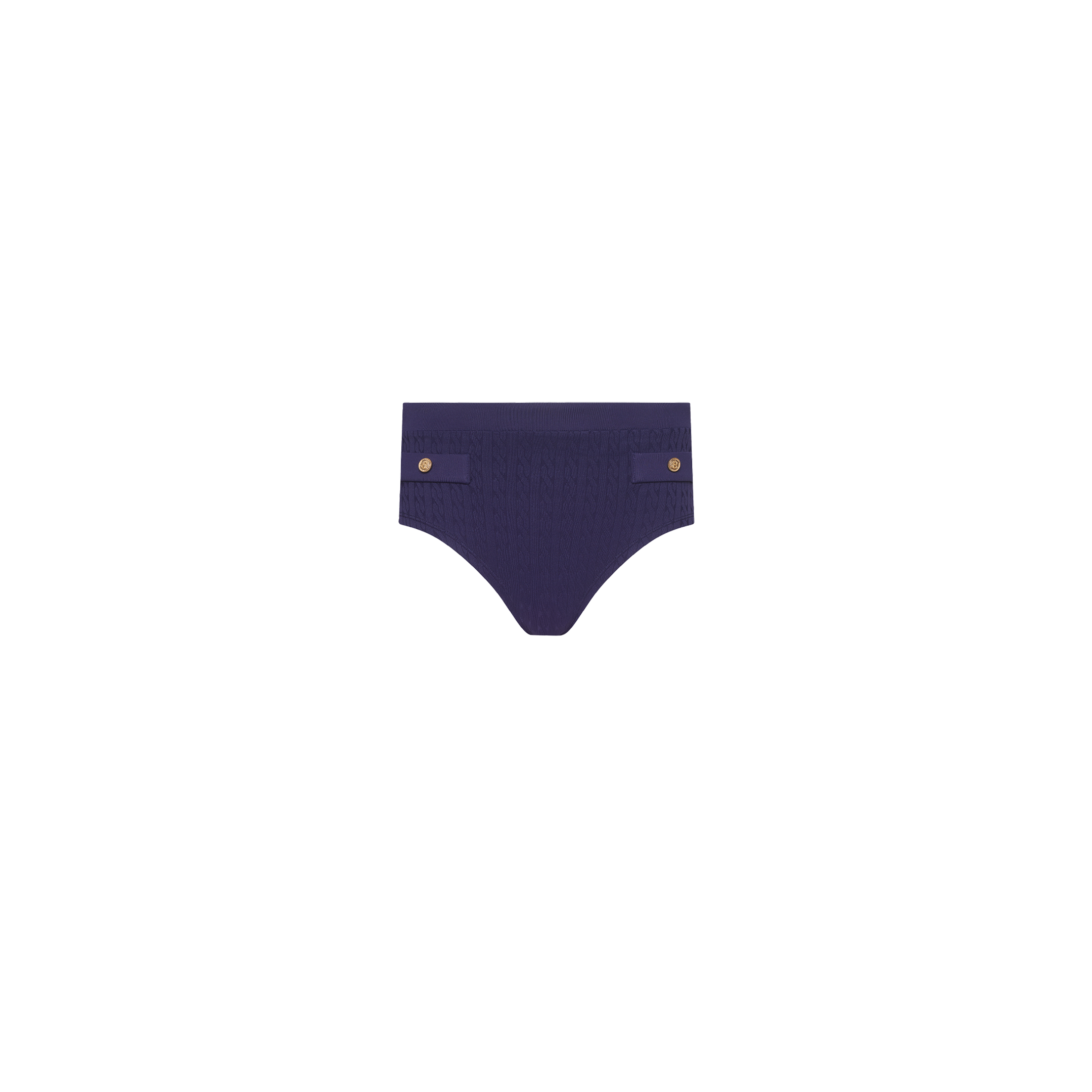 Coronado Bikini Bottom high-waisted navy blue cheeky swim shorts in a textured cable-knit fabric, finished with decorative buttoned tabs at the hips.