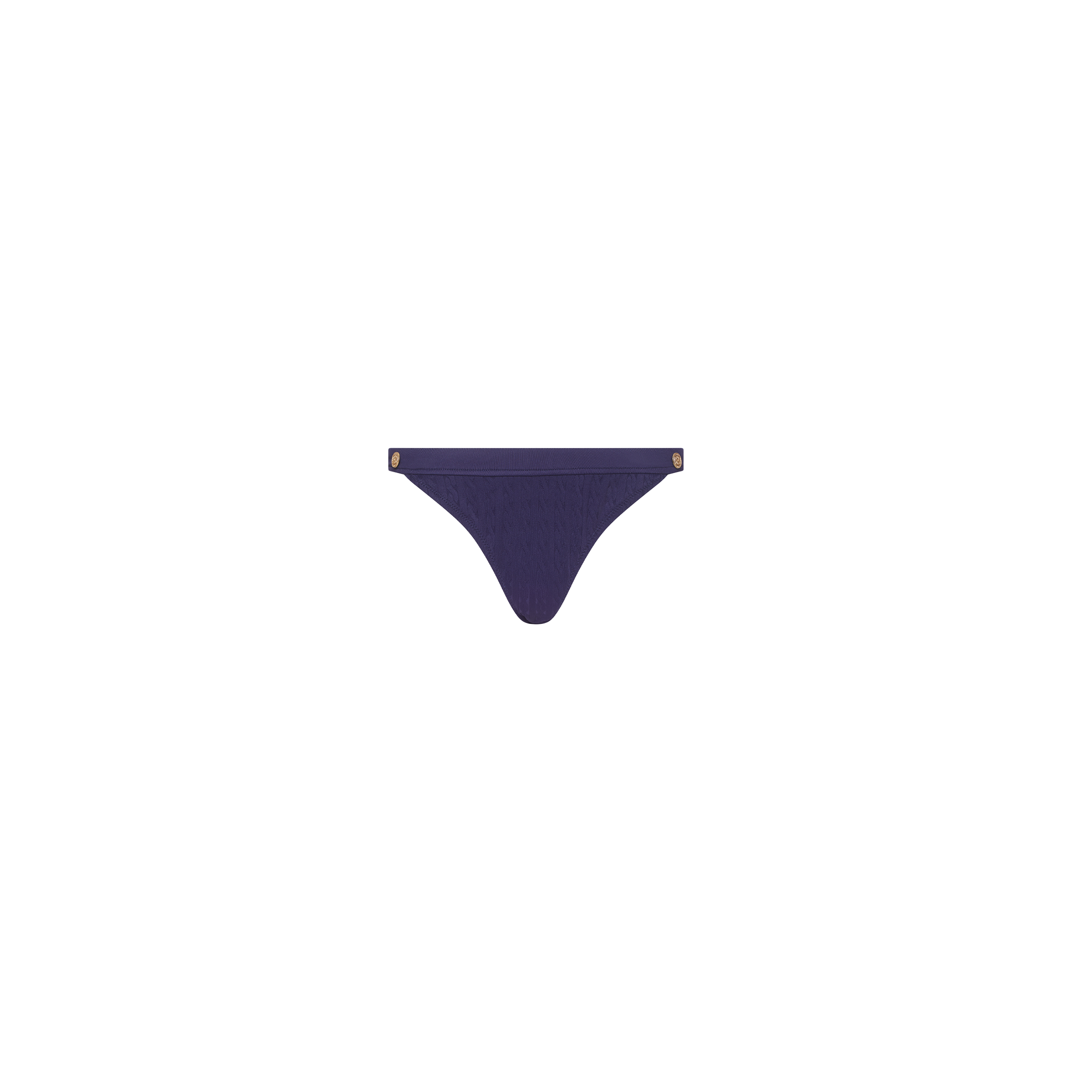 Jean Bikini Bottom in dark blue, high leg, textured swim fabric with small gold-toned accents on the waistband.