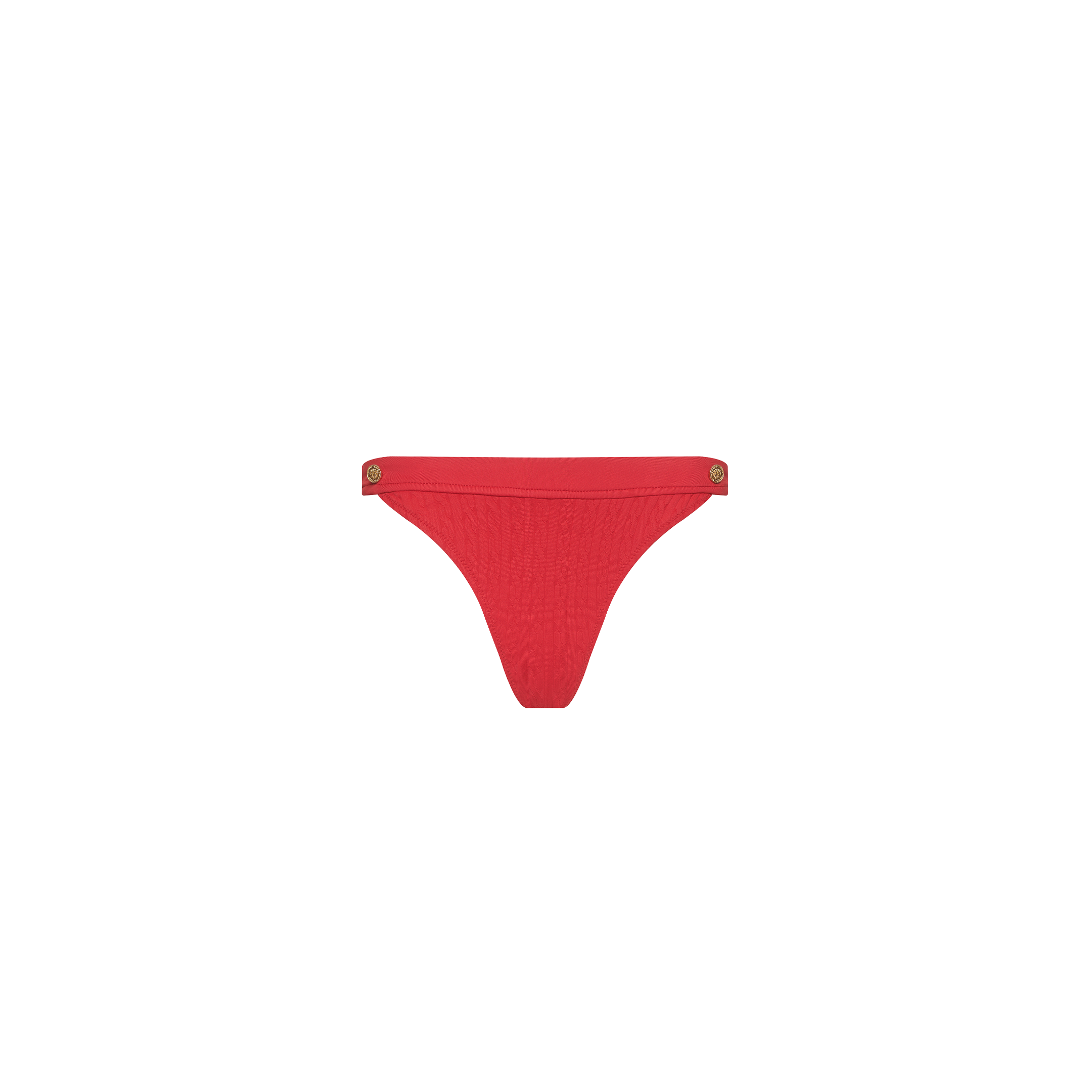 Jean Bikini Bottom in red, designed with a high-leg cut and textured swim fabric, features gold-colored buttons at each hip and is shown against a plain white background.