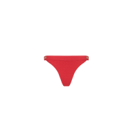Jean Bikini Bottom in red, designed with a high-leg cut and textured swim fabric, features gold-colored buttons at each hip and is shown against a plain white background.