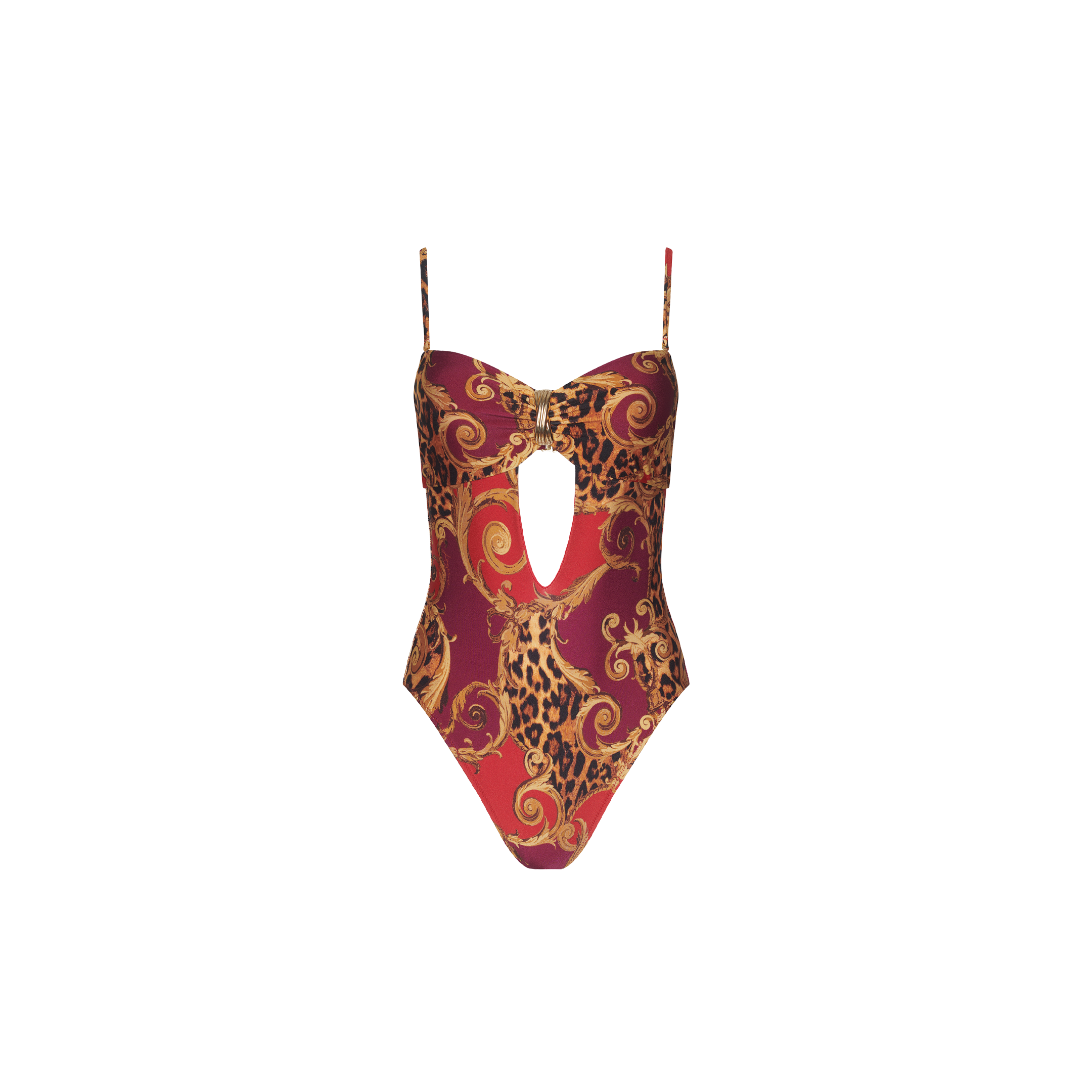 The Emilia Bandeau One-Piece Swimsuit features a striking red and gold baroque and leopard print design, with thin straps, a central keyhole cutout below the bust, and a bandeau-inspired silhouette for added style.