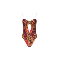 The Emilia Bandeau One-Piece Swimsuit features a striking red and gold baroque and leopard print design, with thin straps, a central keyhole cutout below the bust, and a bandeau-inspired silhouette for added style.