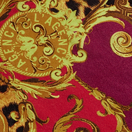 Baroque-inspired Kara Cover-Up Kimono featuring gold scrolls, leopard print accents, and a circular emblem with “LAGENCE” text on a bold red background.